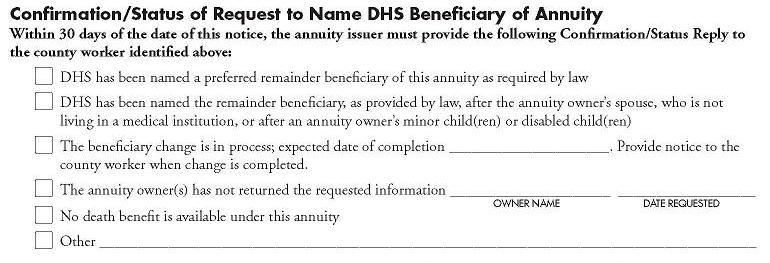Image of “Confirmation/Status of Request to Name DHS Beneficiary of Annuity” section from DHS-5037.