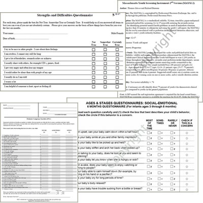 collage of Pediatric Symptom Check List, Ages and Stages Questionaire, Strengths and Difficulties Questionaire and Massachusetts Youth Screening Instrument 2nd Version