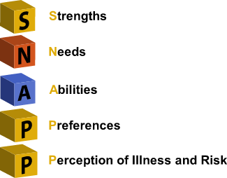 blocks stacked representing SNAPP - Strengths, Needs, Abilities, Preferences, Perception of Illness and Risk  