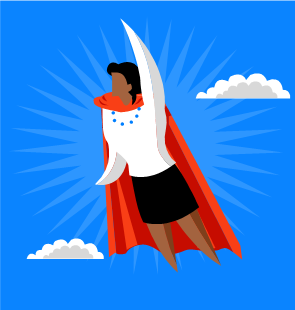 illustration of a woman with a cape flying through clouds