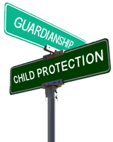 Two street signs indicating the intersection of guardianship and child protection.