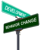 Two street signs indicating the intersection of development and behavior change.