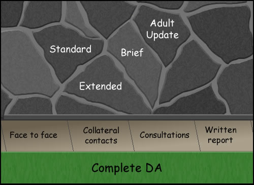 a stone wall with standard, extended, brief and adult update labeled on the wall with Diagnostic Assessments below 