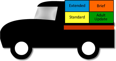 A pickup truck carrying four boxes labeled Extended, Brief, Standard, and Adult Update