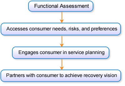 Functional Assessment Accesses consumer needs, risks, and preferences, Engages consumer in service planning and Partners with consumer to achieve recovery vision