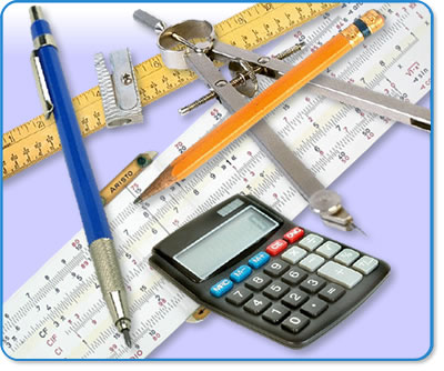 a collage of tools such as:  slide rule, calculator, pencil and paper, ruler, compass and protractor