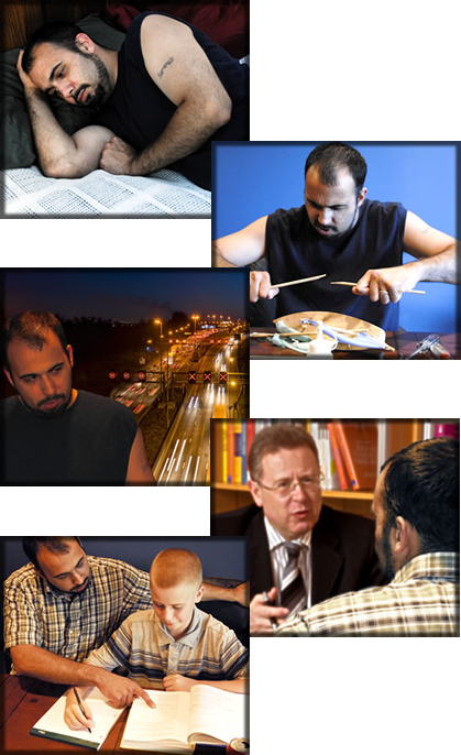A series of images of Peter. Depressed, angry, suicidal, talking to a therapist and helping son with homework.