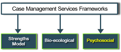 Case Management Services Frameworks; Strenghts Model, Bio-ecological, Psychosocial. Psychosocial highlighted.