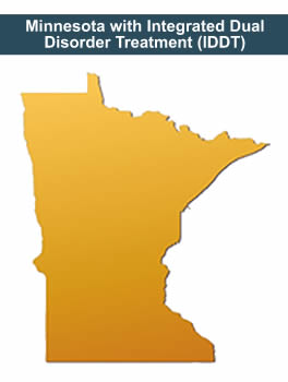 outline of the state of Minnesota with Integrated Dual Disorder Treatment (IDDT) displayed as a banner across it