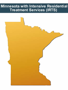 outline of the state of Minnesota with Intensive Residential Treatment Services (IRTS) displayed as a banner across it