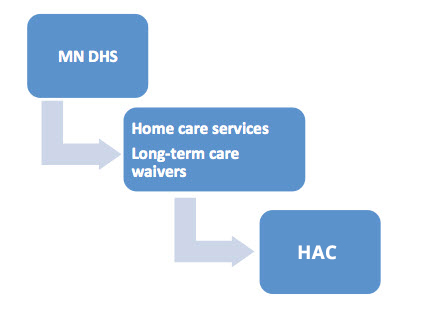 Diagram demonstrating relationship of MN DHS, home services, and HAC