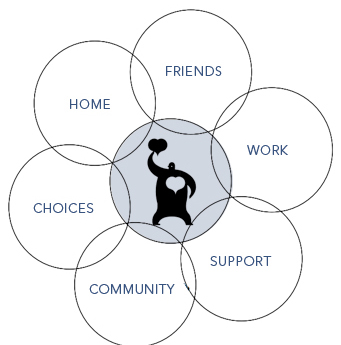 Six areas of PFP: Friends, Work, Support, Community, Choices and Home. Choices circle is highlighted.