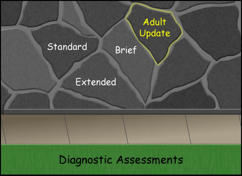 a stone wall with standard, extended, brief and adult update (highlighted) labeled on the wall with Diagnostic Assessments below 